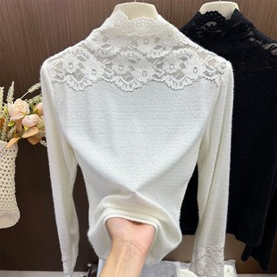 白色高领蕾丝打底衫女装秋装配皮草内搭性感气质网纱长袖T恤上衣