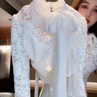 女2025秋冬新款 蕾丝衫 温柔风上衣 名媛气质甜美蝴蝶结系带长袖 法式