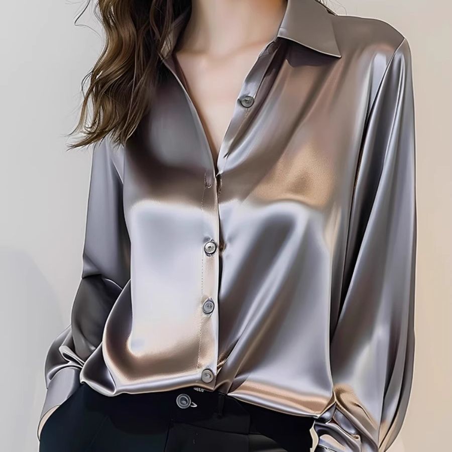 2025春秋新款高级感灰色醋酸缎面衬衫女长袖别致法式丝绸职业衬衣