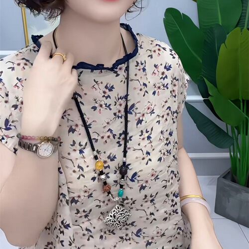 夏季新款时尚圆领苎麻碎花短袖打底衫女中年妈妈装洋气减龄薄小衫