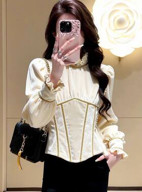 专柜撤回白色丝绒衬衫女轻奢减龄洋气别致漂亮掐腰法式小资上衣