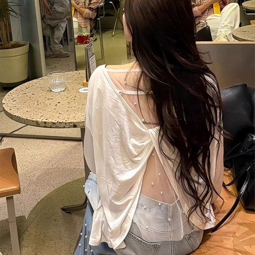 2025新款纯欲风后背镂空网纱拼接扭结长袖t恤女款爆款防晒衫上衣
