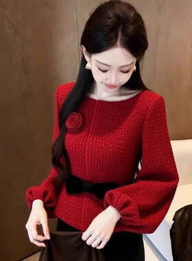 气质名媛红色小香风外套女2025冬季本命年独特漂亮灯笼袖掐腰上衣