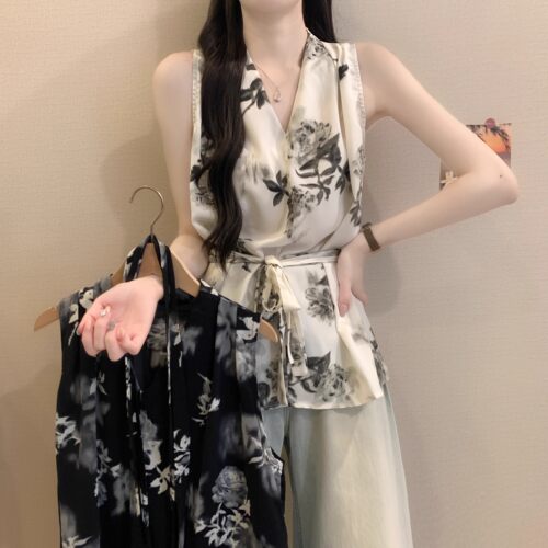 法式复古风小众印花V领无袖背心女夏季高级感收腰显瘦上衣