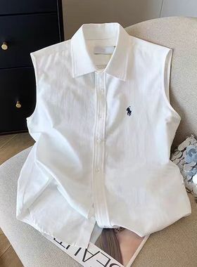 白色Polo领刺绣无袖衬衫女夏老钱风休闲简约韩系百搭洋气背心上衣