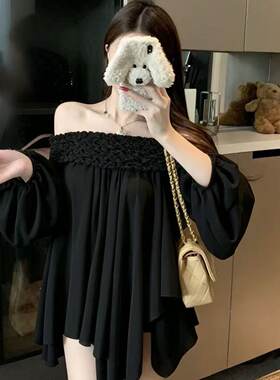 荷叶边设计感仙女甜美重工褶皱一字领露肩雪纺衫2026夏季新款上衣