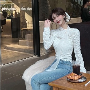 女2025秋冬新款 蕾丝衫 温柔风上衣 名媛气质甜美蝴蝶结系带长袖 法式