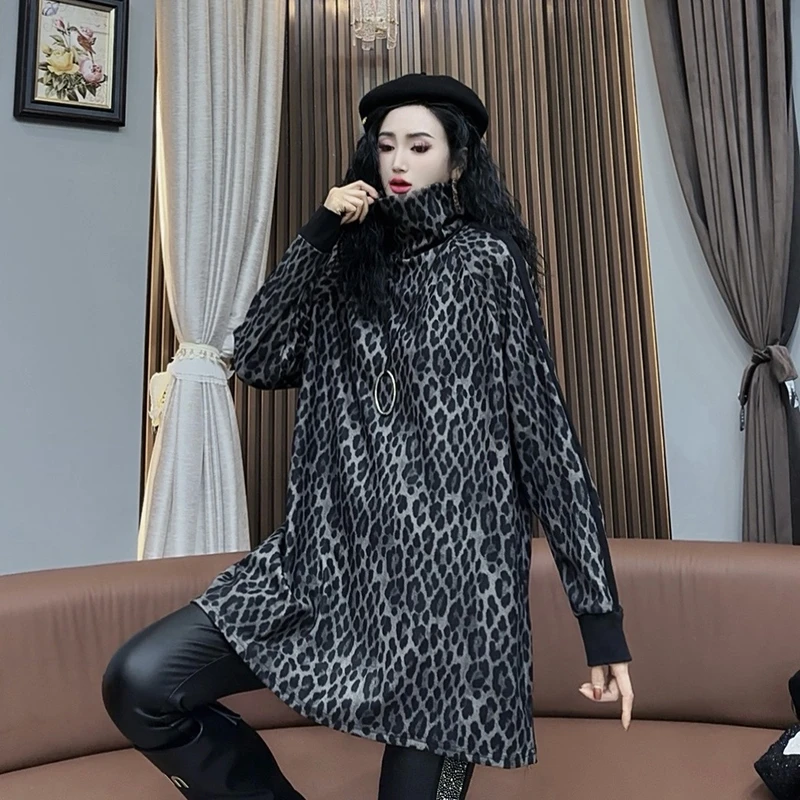 冬季新款磨绒豹纹打底衫T恤女时尚高领修身欧货洋气上衣T恤-9038