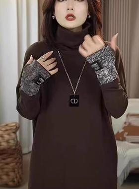 欧货高领洋气双面德绒百搭长袖打底衫宽松中长款烫钻t恤外穿上衣