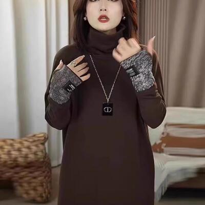 欧货高领洋气双面德绒百搭长袖打底衫宽松中长款烫钻t恤外穿上衣