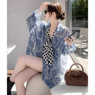 上衣2025年春季 春装 蓝色扎染宽松衬衫 新款 小衫 高级感防晒衬衣女装