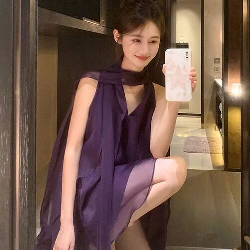 紫色飘带雪纺吊带背心女秋季外穿辣妹性感高级感绝美宽松无袖上衣