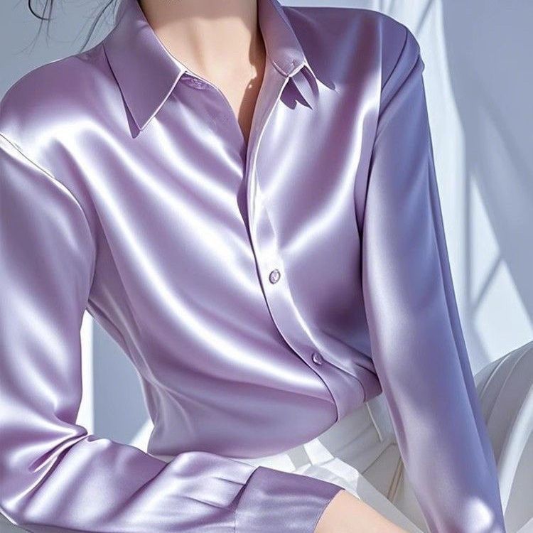 法式高级感气质紫色翻领长袖缎面衬衫女春秋新款通勤内搭叠穿衬衣