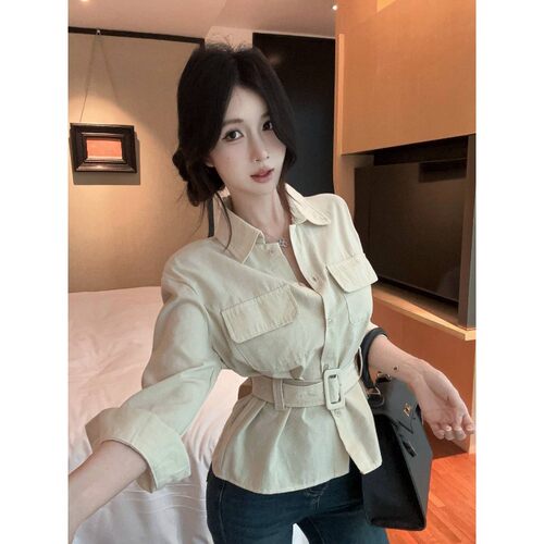polo领工装衬衫女设计感小众秋季美式收腰上衣巨好看独特绝美衬衣