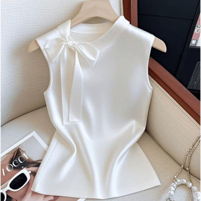 轻奢高级感无袖缎面衬衫大码女装胖mm夏季蝴蝶结绑带遮肚小衫上衣
