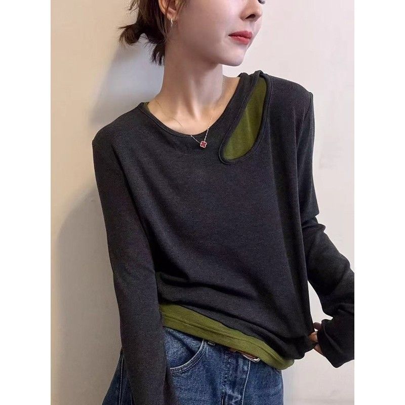 大码女装韩系设计感假两件长袖T恤女秋冬新款修身打底衫徳绒上衣