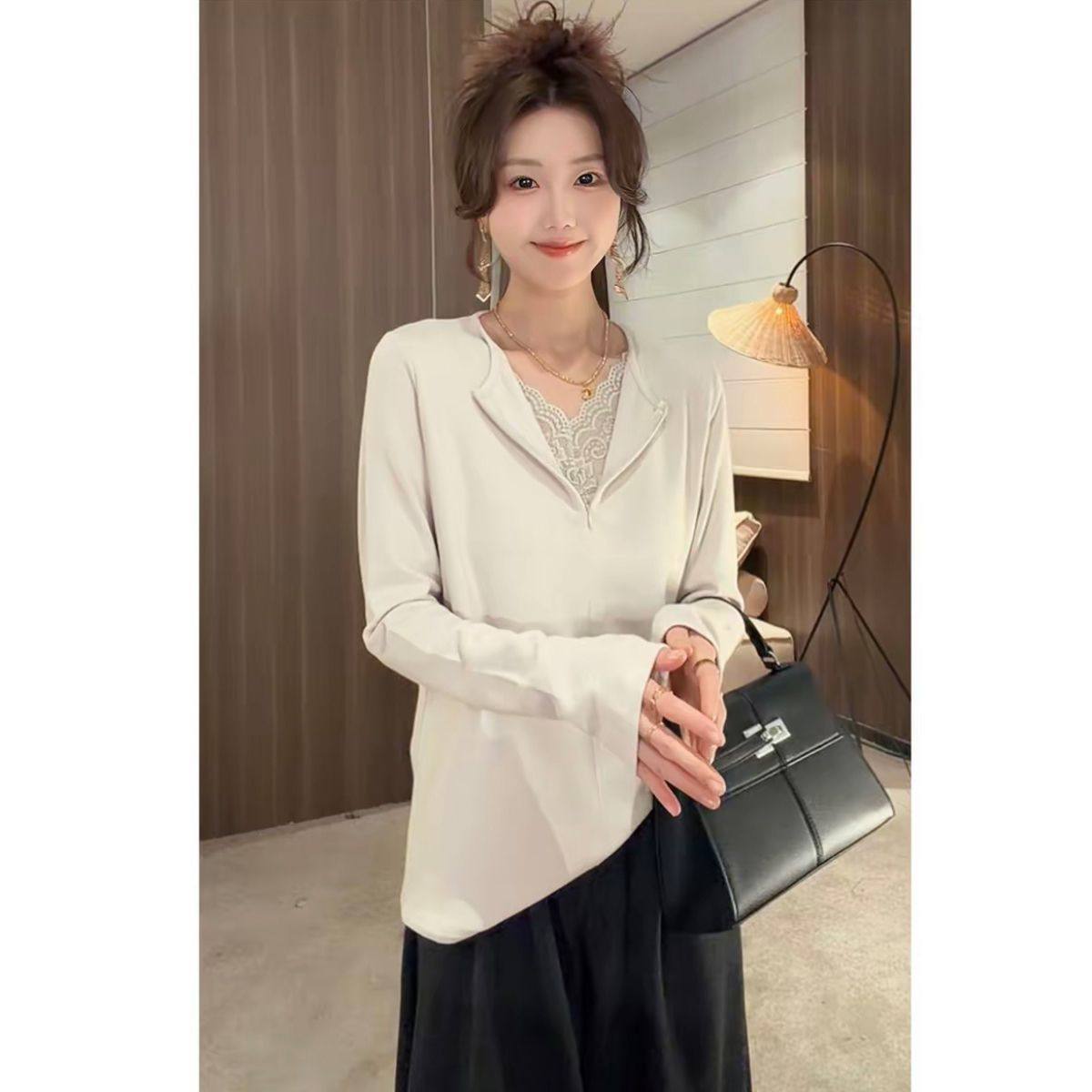 叽咕大码假两件大领口宽松显瘦纯色垂感舒适秋季设计感小众T恤