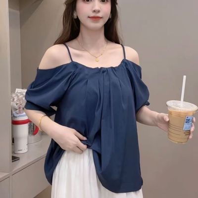 一字肩吊带上衣女夏外穿2025新款法式遮肚子娃娃衫独特超好看衬衫