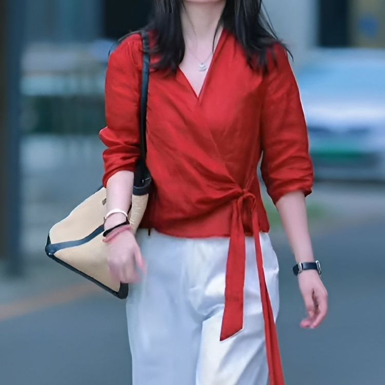 新款v领收腰蝴蝶结系带短款苎麻衬衫夏季七分袖不规则显瘦上衣女