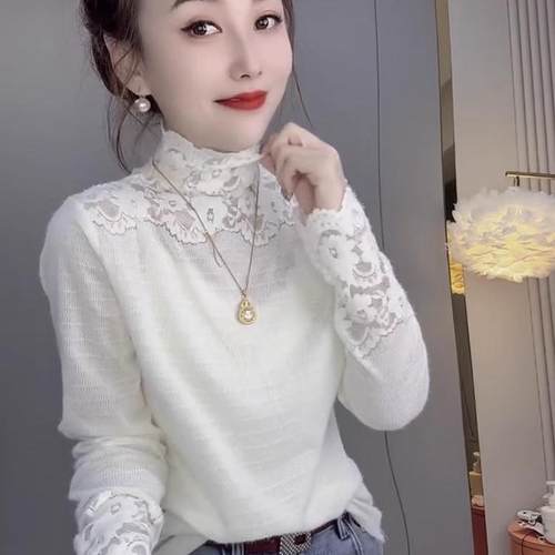 小众洋气别致蕾丝漂亮小衫女2025冬季新款高领气质百搭长袖上衣潮