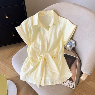 时尚 女2026年夏新款 收腰系带休闲百搭衬衣潮 衬衫 polo领不规则短袖