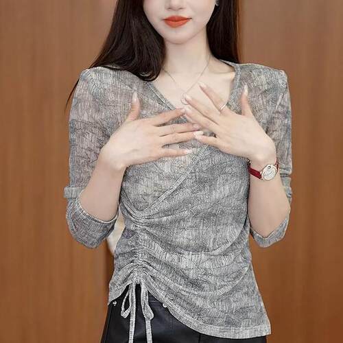 不规则时尚印花T恤女正肩扎染上衣秋季新款小个子收腰显瘦体恤衫