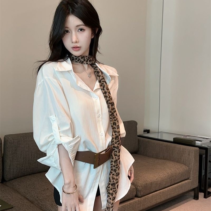 轻熟风御姐穿搭豹纹飘带长袖POLO领衬衫女秋季配腰带小众气质上衣