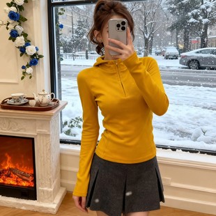 德绒半拉链黄色连帽卫衣女款2026新款爆款秋冬季内搭打底帽衫上衣