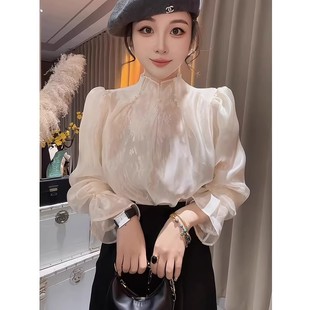 女春轻奢高级感百搭长袖 蕾丝衬衫 雪纺上衣 气质珍珠立领泡泡袖 法式