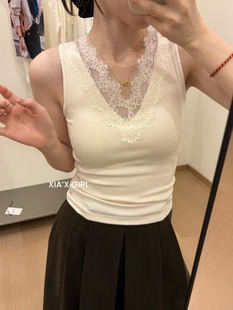 无袖 FULL 蕾丝吊带背心女带胸垫一体杯修身 CHARM v领内搭上衣