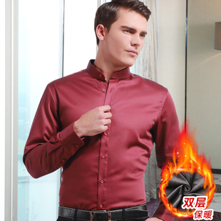 加绒立领衬衫男长袖纯棉红色保暖加厚无领小圆领中山装男士寸衣