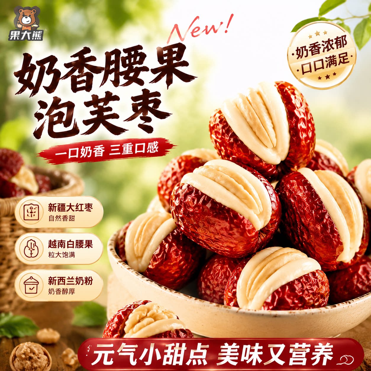 网红腰果泡芙枣奶芙夹心枣无核红枣抱腰果办公室休闲解馋小零食