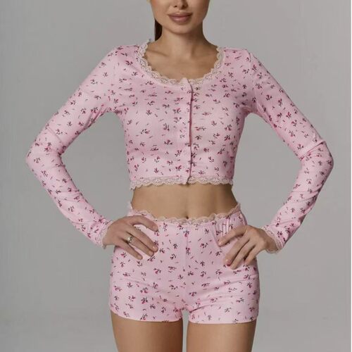 Plunge Neck Floral Print Long Sleeve Top Casual Loungewear