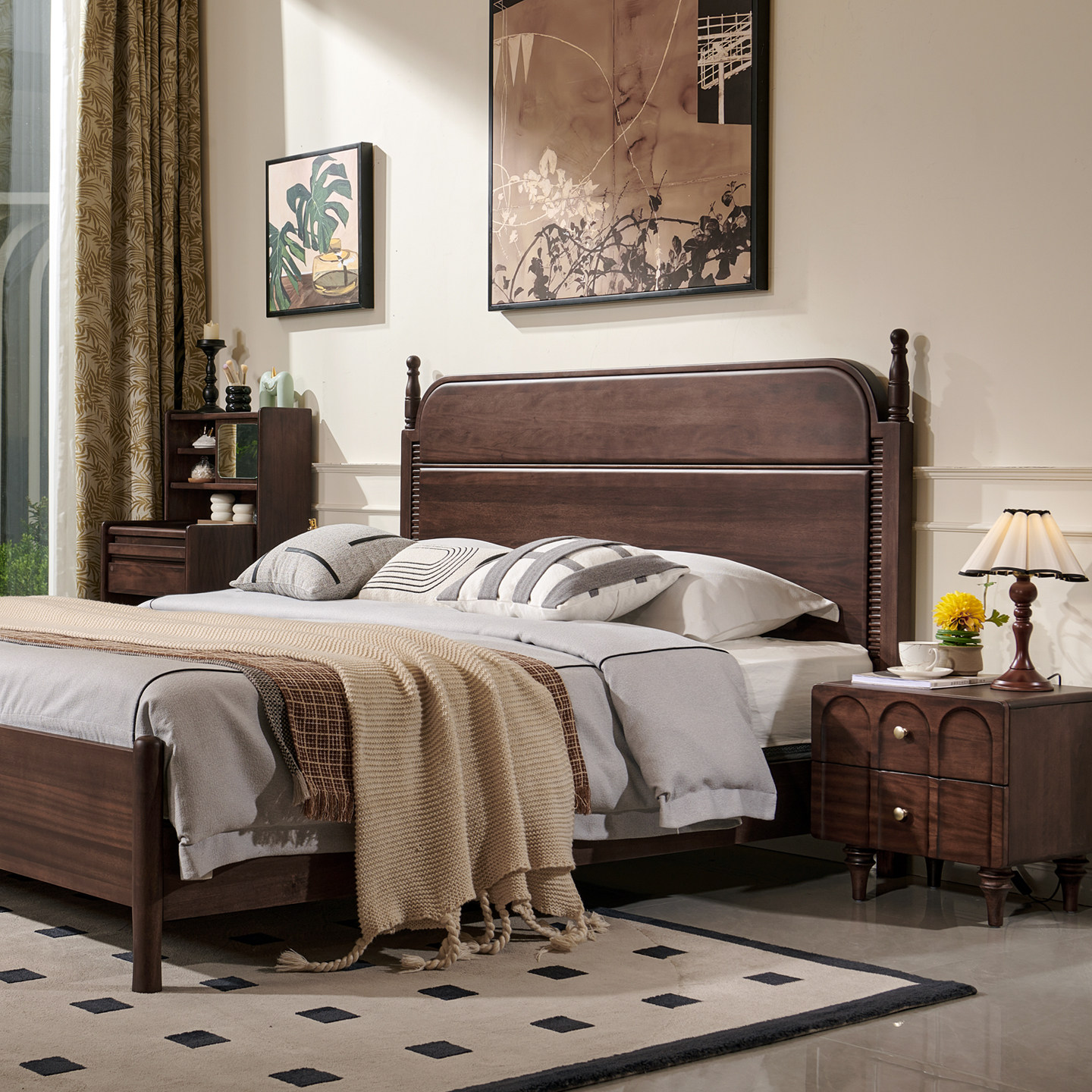 法式复古1米8的全实木床黑胡桃木原木双人大床美式主卧中古风家具