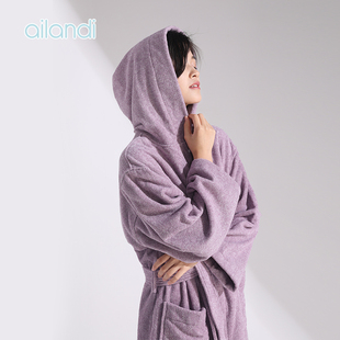 AILANDI纯棉毛巾料成人连帽浴袍全棉吸水毛巾料男女情侣浴衣睡袍