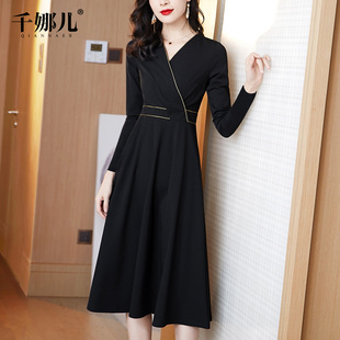 黑色长裙女春装2025新款长袖V领年会礼服裙子修身显瘦气质连衣裙