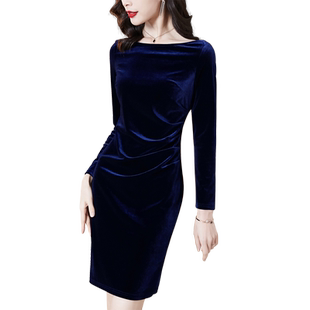 宝蓝色金丝绒连衣裙女秋冬装2025新款一字肩高端气质显瘦包臀裙子