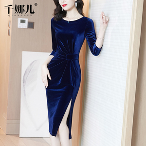 高端气质金丝绒连衣裙女春装2026年新款修身显瘦包臀开叉一步裙子