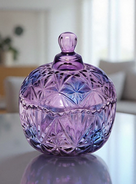 水晶玻璃罐器皿琉璃缸糖果碗彩色紫色家用客厅消磁收纳盒摆件红糖