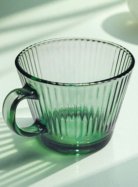 绿色玻璃杯水杯茶杯早餐咖啡杯子条纹茶色轻奢高颜值耐高温带把手