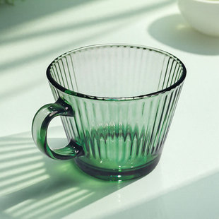 绿色玻璃杯水杯茶杯早餐咖啡杯子条纹茶色轻奢高颜值耐高温带把手