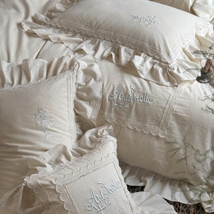 轻奢高端柔软色织棉麻四件套简约刺绣被套纯棉透气1.8m床上用品