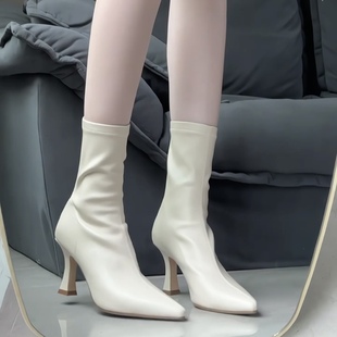 气质高跟短靴女2024新款 中筒靴子显瘦尖头细跟袜靴弹力瘦瘦靴女