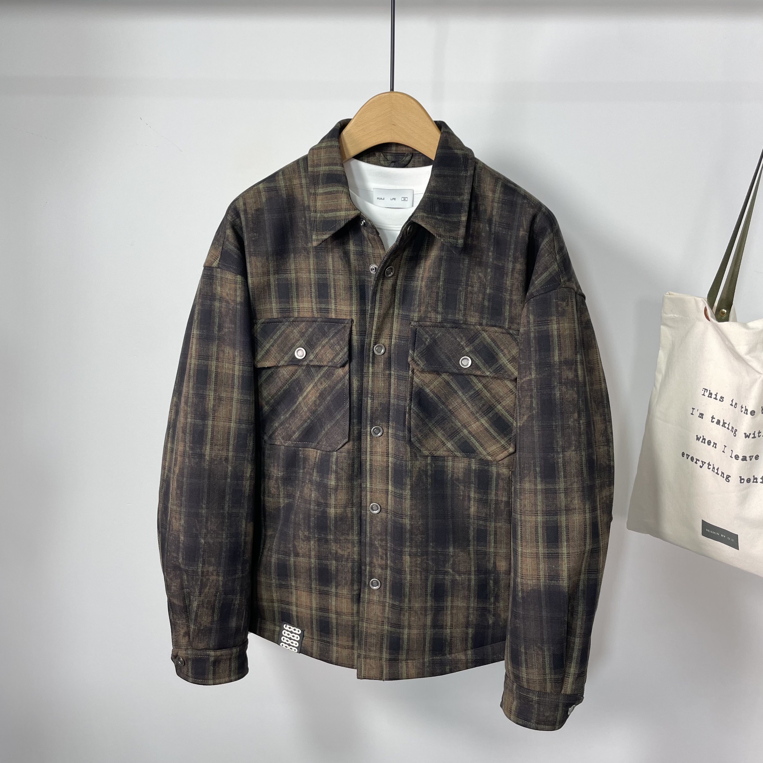 高端美式复古格子衬衫羽绒服男冬季重磅加厚宽松工装90鸭绒外套