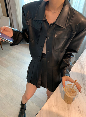 鲸鱼和玖 套装女装2024新款初秋套装裙两件套黑色套装夹克+百褶裙