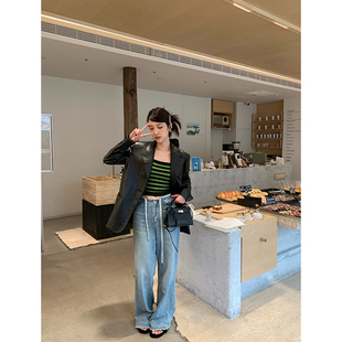 宽松皮夹克西装 春秋款 高级感 黑色pu皮衣外套女2026新款 鲸鱼和玖