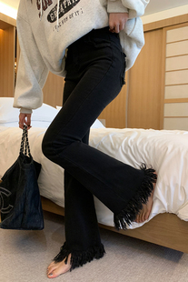 喇叭裤 鲸鱼和玖小众独特别致黑色高腰流苏牛仔裤 女秋冬2025年新款