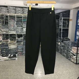 绿枝T01哈伦裤女2023新款秋款小个子松紧腰黑色小脚休闲九分裤子