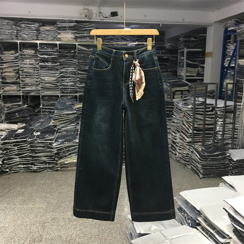 2025冬复古牛仔加绒直筒裤阔腿长