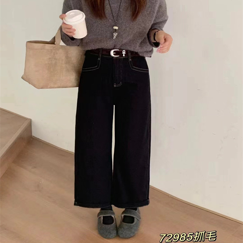 冬季抓绒牛仔直筒裤女不褪色宽松阔腿裤小个子时尚高腰九分奶奶裤,女装/女士精品,牛仔裤,淘宝优惠券,粉丝福利购,淘宝优惠卷